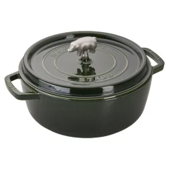 6 qt, Pig, Cochon Shallow Wide Round Dutch Oven, Basil