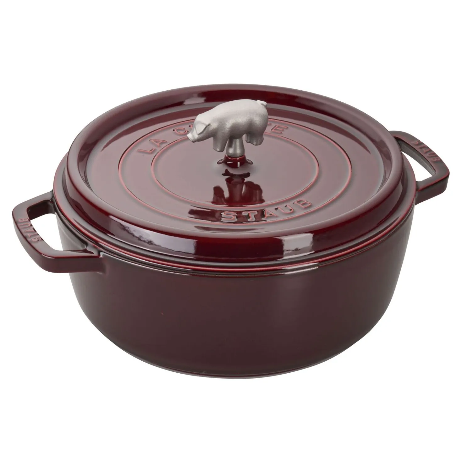 6 qt, Pig, Cochon Shallow Wide Round Dutch Oven, Grenadine