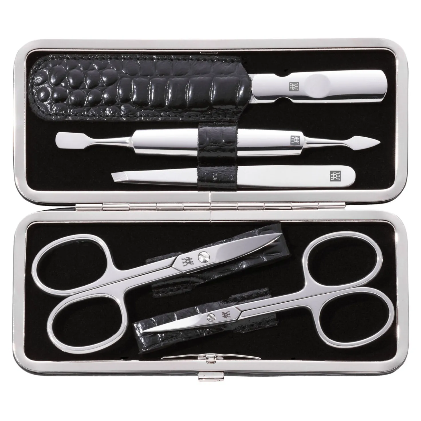 5-pc, Black Matte, Leather, Manicure Pedicure Set With Nail Scissors