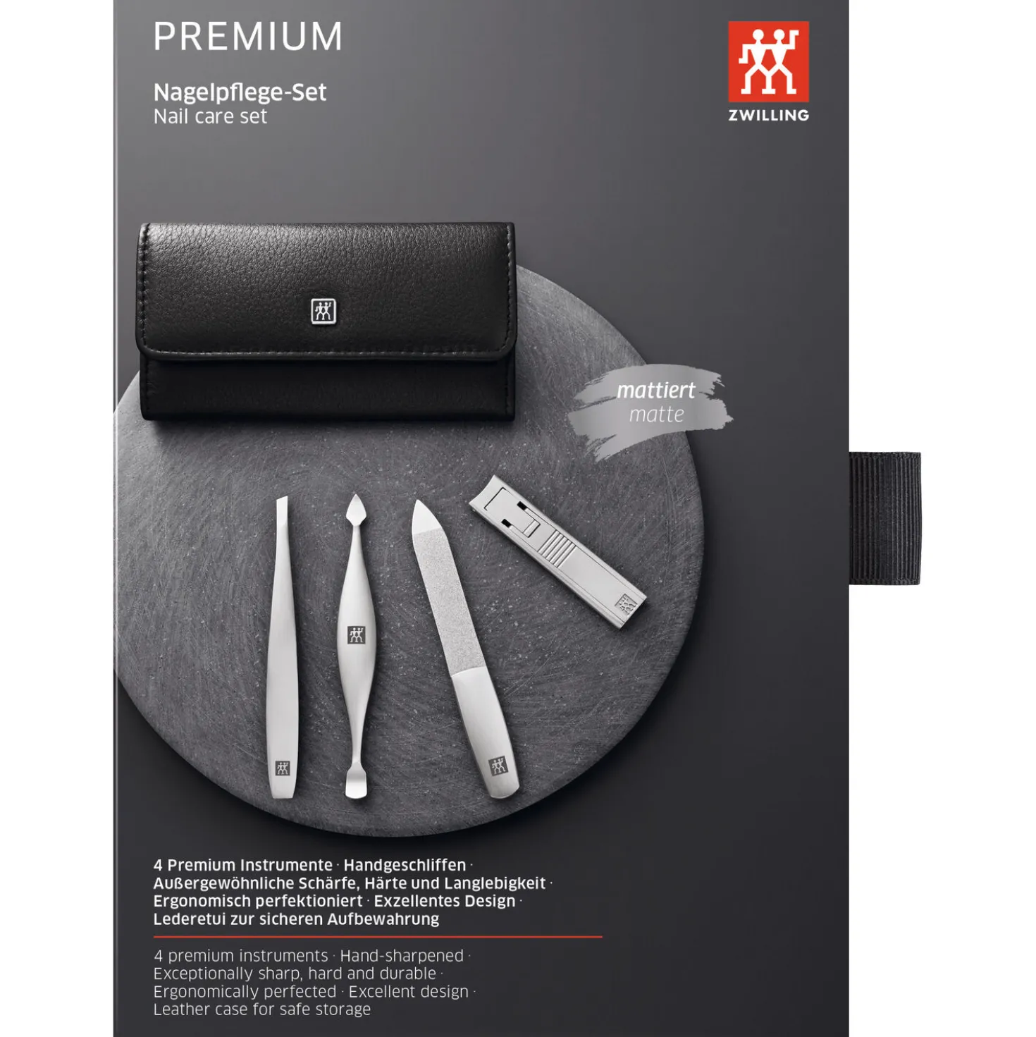 4-pc, Leather Manicure Pedicure Set With Compact Nail Clippers, Black Matte