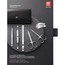 5-pc, Leather Manicure Pedicure Set With Nail Scissors, Black Matte