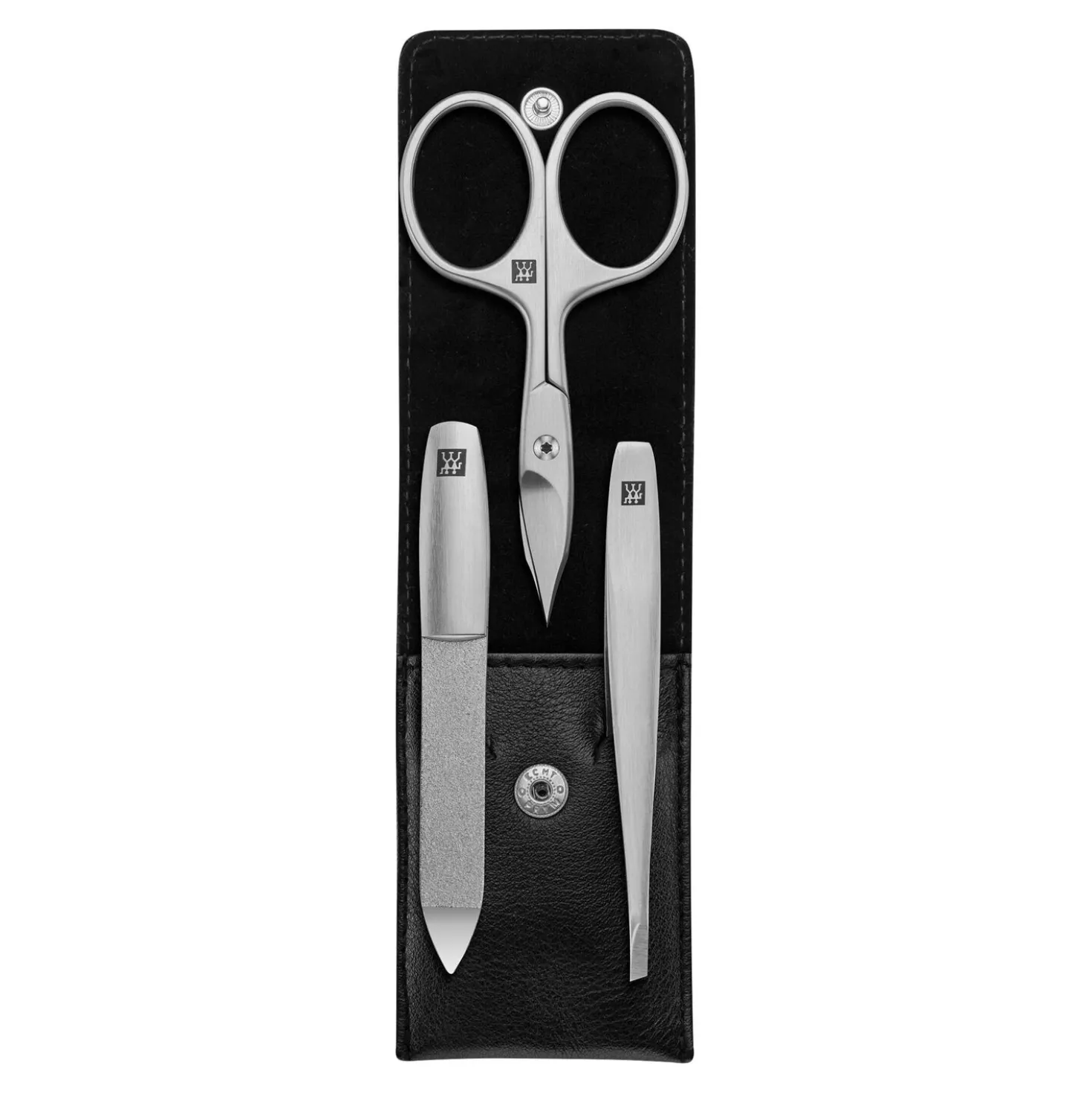 3-pc, Nappa Leather Manicure Pedicure Set With Combination Nail Scissors, Black Matte