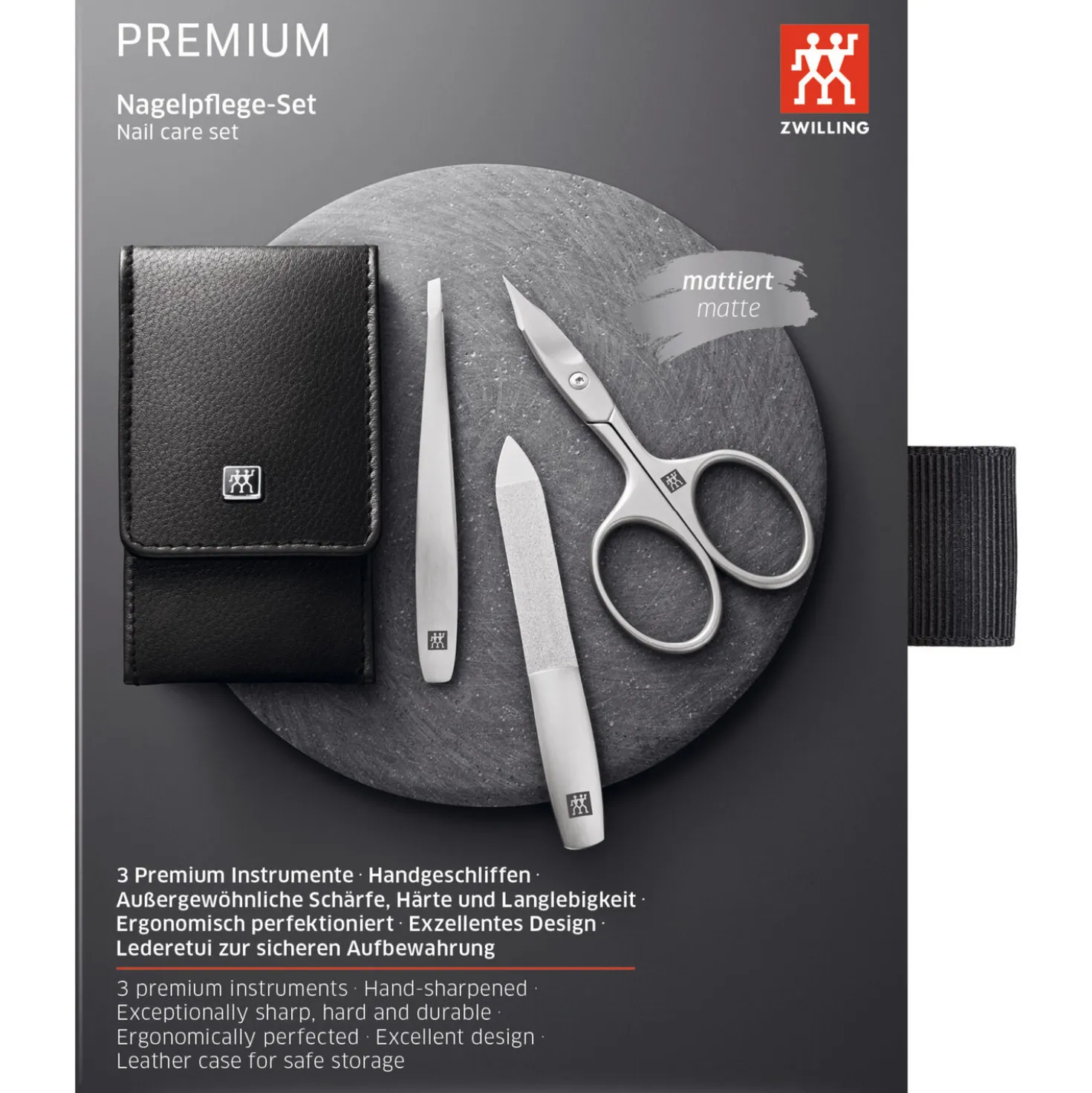 3-pc, Nappa Leather Manicure Pedicure Set With Combination Nail Scissors, Black Matte