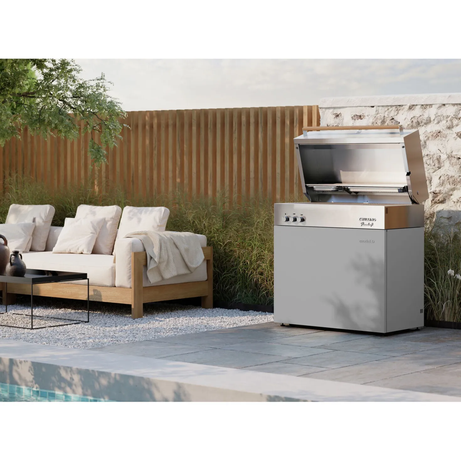 Propane gas grill, light grey