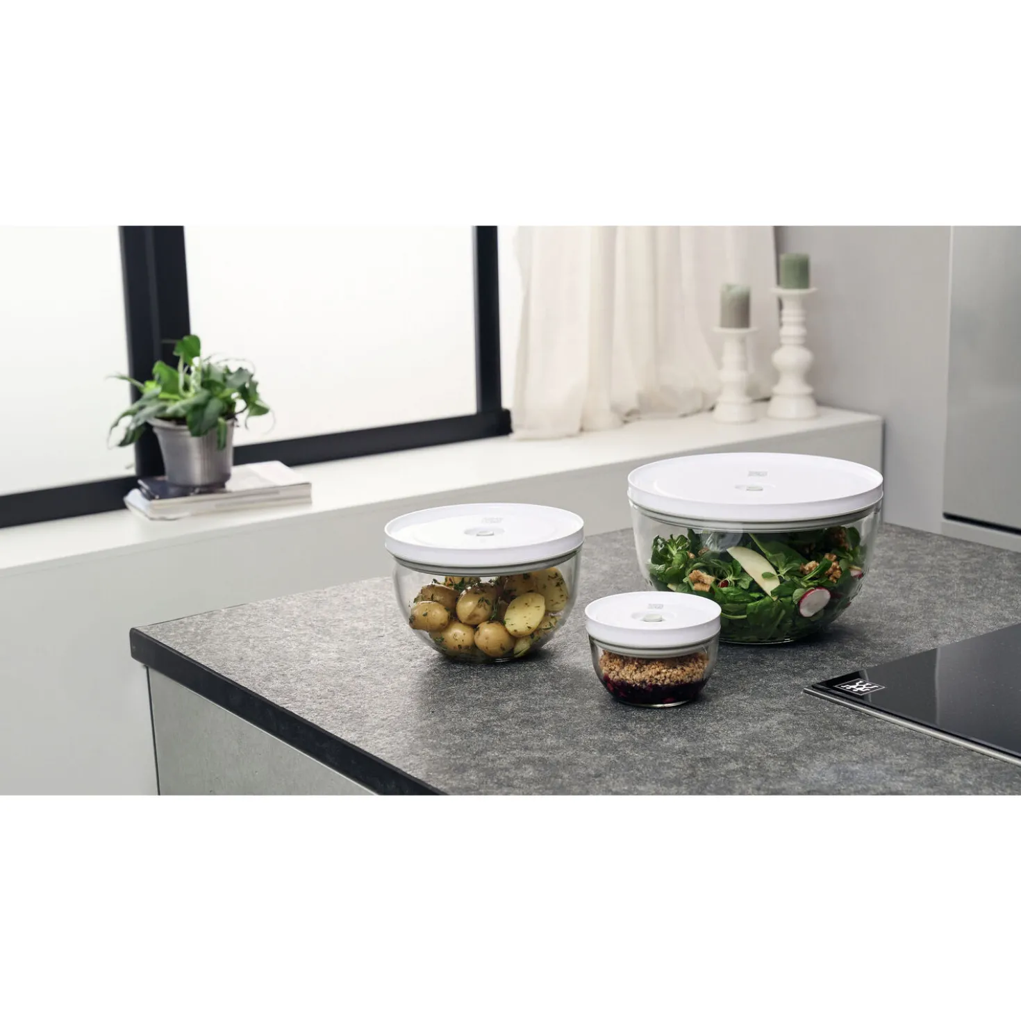 Vacuum bowl set S/M/L / 6-pc, glass, transparent-white